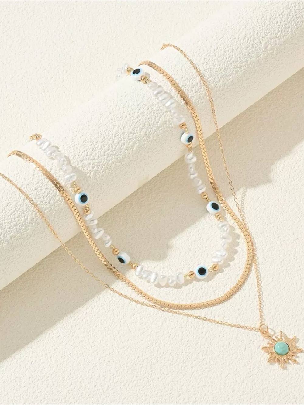 Anthropologie Gold, White & Blue Layered Pearl Evil Eye Necklace